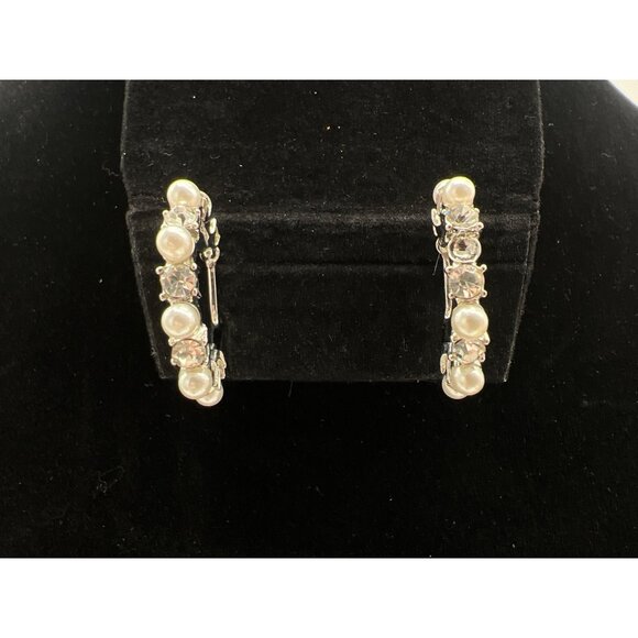 Silver-Tone Hoop Earrings With Faux Pearls & Rhinestones Clip-On Style - Picture 2 of 6